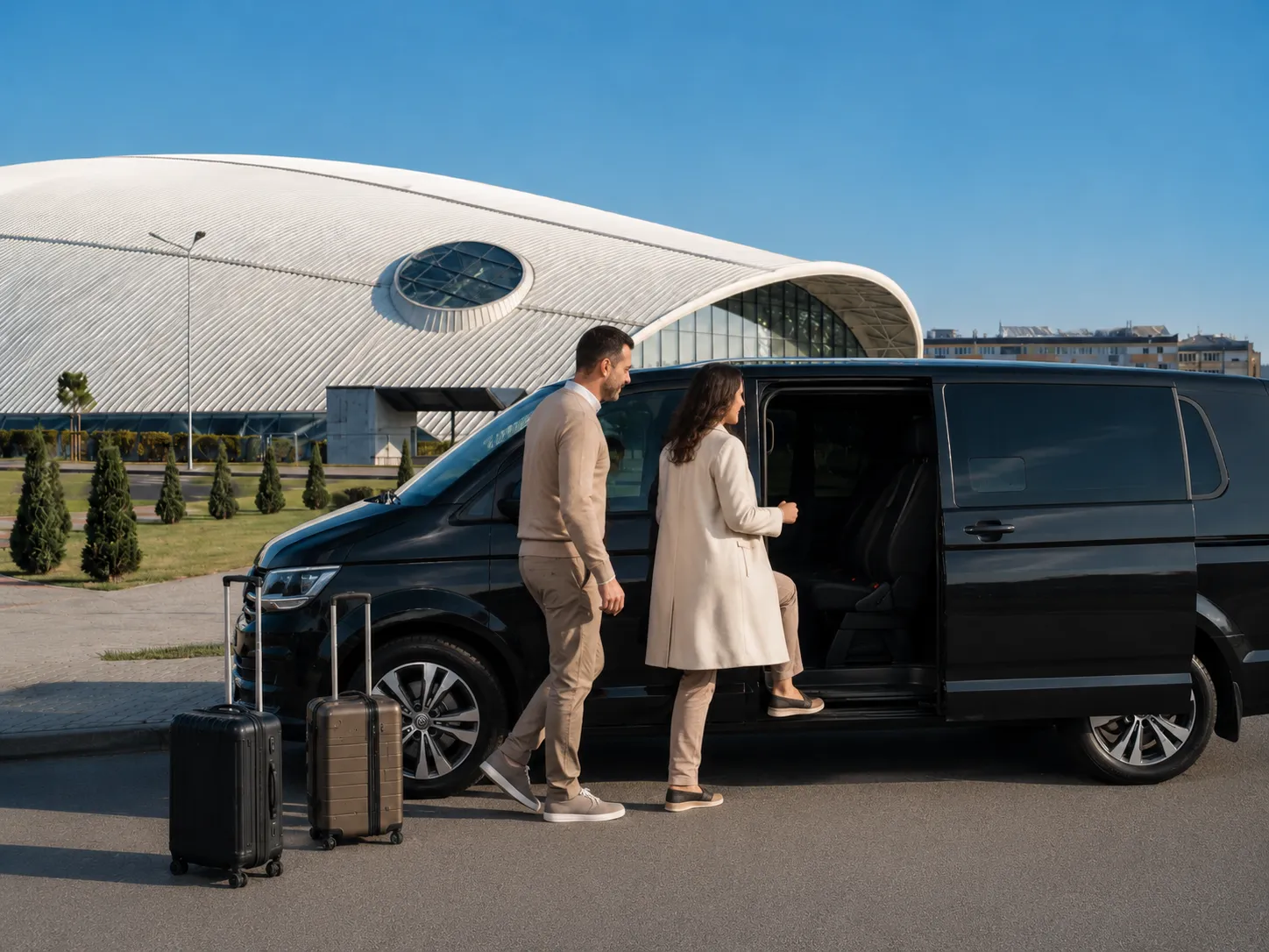 Passengers boarding a transfer van with their luggage